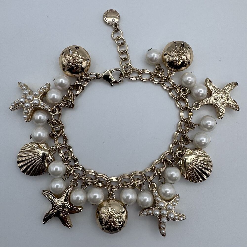 Nautical Charm Bracelet Starfish Shells Pearls Goldtone Charter Club 8.25"